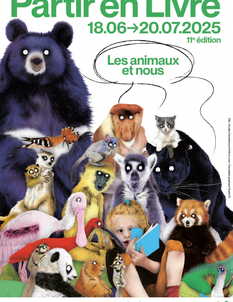 Affiche de Partir en Livre 2025 © CNL / Illustrée par Julie Colombet pour Partir en Livre / Conception graphique Studio CC